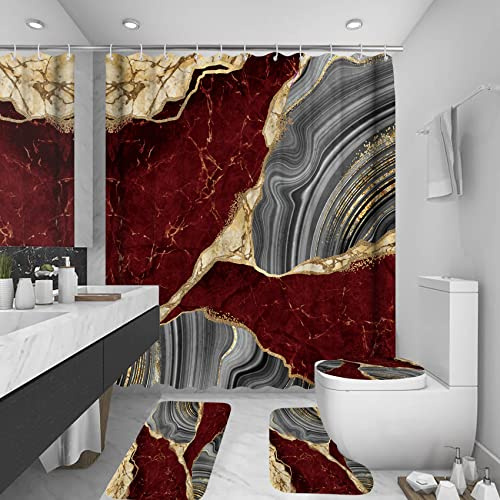 beifivcl Marmor-Duschvorhang-Sets, Badezimmer-Dekor-Sets, Luxus-Duschvorhang mit 12 Haken, Badematte, WC-Deckelteppich und rutschfeste U-förmige Matte, Zubehör, Marmordruck, 183 x 183 cm, Rot, 4 Stück