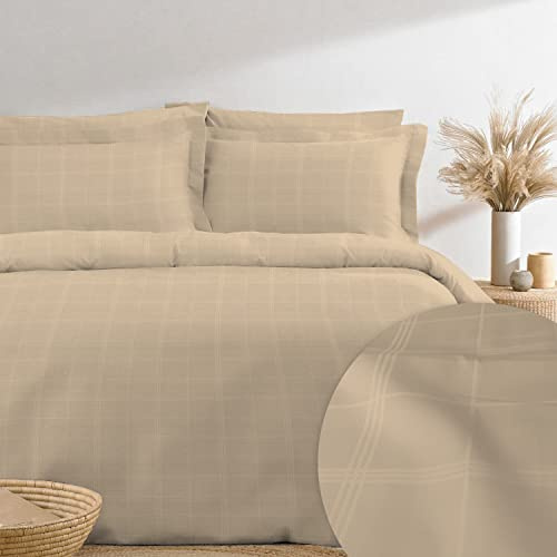 Pizuna 100% Cotton Super King Duvet Cover Set Taupe 300TC Checks | Damask Check Long Staple Cotton Checke Bedding Lightweight Sateen Weave 4 with Corner Ties and Hidden Button Closure