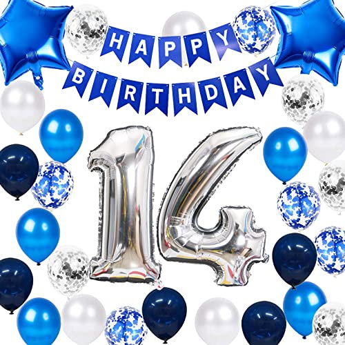 Fechy 14. Geburtstag Dekoration Junge, Geburtstagsdeko 14 Jahre Junge, 14 Geburtstag Deko, 14 Ballon Blau Deko, Luftballon 14. Geburtstag Party Deko Junge Blau, Deko 14 Geburtstag Junge