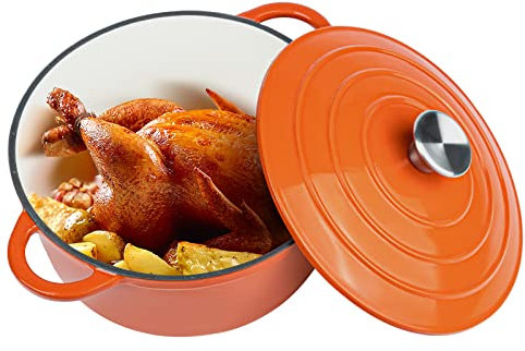 Miereirl Dutch Oven with Lid, Enameled Cast Iron Dutch Oven with Two Handles for Bread Baking Cooking, Non-Stick Cookware (Orange)