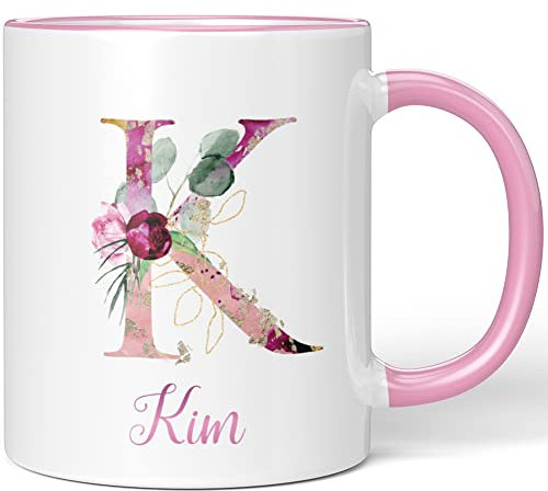 JUNIWORDS Tasse, Kim, Name Anfangsbuchstabe Initial Alphabet Floral Buchstabe K Monogramm Motiv, Rosa (5518994)