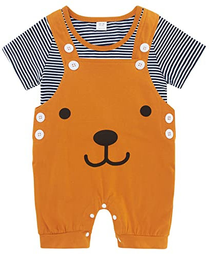 Newborn Baby Boy Clothes Outfit Set Baby Boy 3-6 Months Outfits Summer Romper Bodysuit 2Pcs Set Stripes Short Sleeve Top and Casual Brown Dungarees
