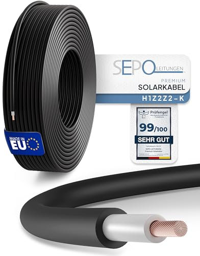 SEPO-Leitungen Solarkabel 6 mm² 10m – Solarleitung H1Z2Z2-K - Made in EU - Doppelt isoliert für Photovoltaik-Systeme –inkl. 0% MwSt. gem. § 12 Abs. 3 UStG (Schwarz - 10 Meter)