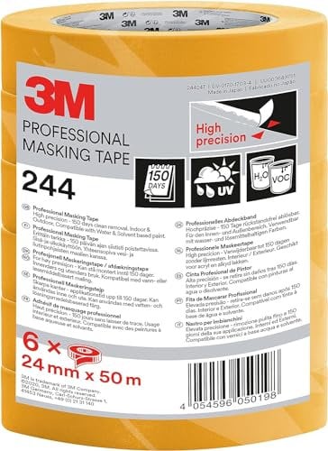 3M Pro Nastro Adesivo di Mascheratura 244, Alta Precisione, 24 mm x 50 m, 6 Rotoli/Confezione - Aualità Professionale