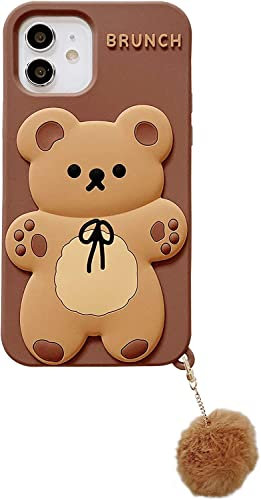 SGVAHY Schutzhülle für iPhone 13, niedlicher Kawaii-3D-Cartoon-Bär, brauner Haarball, weiches Silikon, stoßfest, Schutzhülle für Kinder und Mädchen