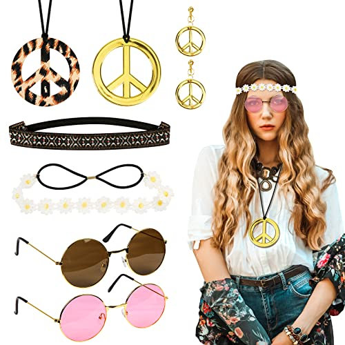 LOHAME Hippie Accessoires, Hippie Kostüm Set 60er 70er Jahre Damen Retro Zubehör mit Haarschmuck Sonnenbrille Peace Kette Mädchen Hippie Deko Schmuck für Mottoparty Disco Reisen Schlager Frau Outfit