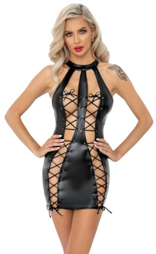 Noir Handmade Kunstleder Kleid sexy Damen Stretch Wetlook Minikleid