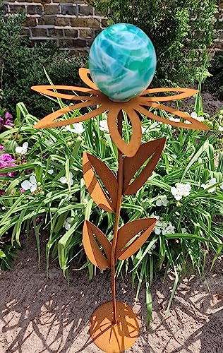 Glaszauber Blume Paris Jade Cortenstahl 77 cm mit Glaskugel in Jade und Standfuß Cortenstahl Dekoration Garten