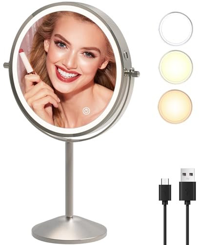 TUSHENGTU schminkspiegel mit Beleuchtung, 1X/10X Vergrößerung, Schminkspiegel LED 3 Lichtfarbanpassungen, USB wiederaufladbar, Nickel (71N)