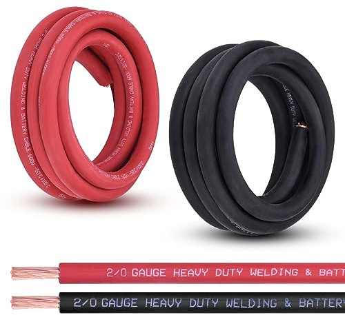 Shirbly Cable de batería de calibre 2/0, 10 pies rojo + 10 pies negro 2/0 AWG, cable de soldadura de alambre de cobre puro, para automoción, batería, solar, marina y generador, cable OFC estándar de