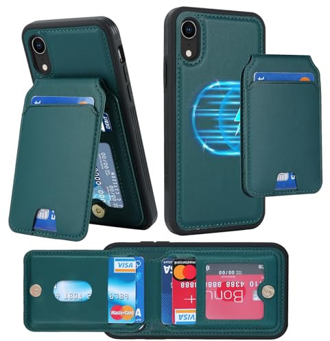 ELTEKER Hülle für iPhone XR Handyhülle mit Kartenfach Magsafe Wallet Magnetischer Kartenhalter Handy kreditkartenetui mit Ständer,Leder Klapphülle Schutzhülle für iPhone XR-dunkelgrün
