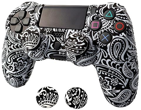 Skin for Ps4 Controller, Anti-Slip Silicone Shell Cover Case with 2pcs Thumb Grip Caps for PS4/ Slim/Pro Dualshock 4 Controller Wireless Gamepad (BK&White Pattern)