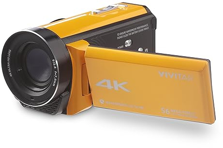 Vivitar - 4K Camcorder Ultra HD Lens, 4K Camera for Video Recording with 56MP, 13MP Sensor, 3 Rotatable Full Color LCD Display, 18x Zoom, Waterproof 5M/ 16.4FT, Image Stabilization, Yellow
