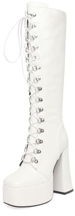 woileRQ Stivali 14 Cm Stivali Tacco Grosso con Punta Quadrata E Plateau Moda Donna Tacchi Alti Tacchi Alti Stivali Unisex per La Primavera E L'autunno,Bianca,45 EU