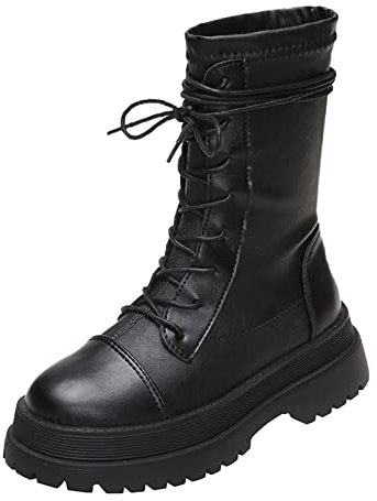 MMOOVV Frauen Herbst Absätze Schnürschuhe Mittlere Stiefeletten Runde Zehe Schuhe Stiefeletten Damen Flach (Black, 39)