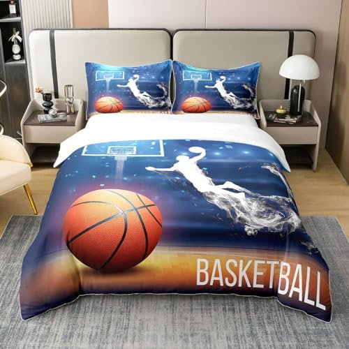 Homewish Basketball-Bettbezug aus Baumwolle für Jungen, Bettwäsche, Basketballspieler, Kinder, Bettwäsche, Sportspiele, moderne Bettwäsche, Basketballplatz, 140 x 200 cm