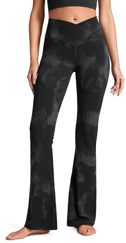 CRZ YOGA Damen Butterluxe Bootcut Schlaghose Yoga Leggings Crossover High Waist Blickdicht Sporthose Fitnesshose - 79cm Schwarze Tie-Dye-Blumen 38