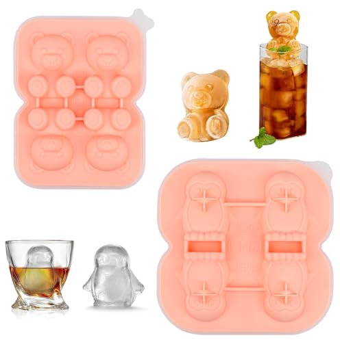 LPAMABA 2 Pz Stampo per Cubetti di Ghiaccio a Forma di Orso e Pinguino,Contenitore per Cubetti di Ghiaccio Divertente,4 Scomparti Forma Ghiaccio in Silicone per Congelatore, Ghiaccio, Budino