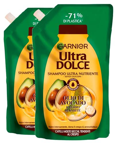 Garnier Ultra Dolce Shampoo Ultra Nutriente per Capelli Molto Secchi e Tendenti al Crespo con Olio di Avocado e Burro di Karité Anti-Crespo Ammorbidente Vegan di Origine Naturale - 2 Buste da 500ml