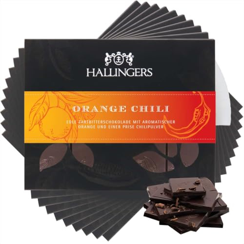 Hallingers Genuss Manufaktur Vegane Schokolade Geschenk - Tafel handgeschöpfter Edelkakao ohne Alkohol edler Karton 10x Orange-Chili Orange-Chili, Geschenkidee für Frauen Männer