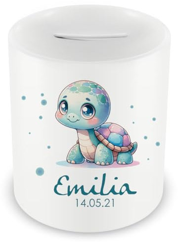 Samunshi® Kinder Spardose mit Namen und Süße Schildkröte als Motiv für Kinder - Jungen und Mädchen Sparschwein 330ml weiß