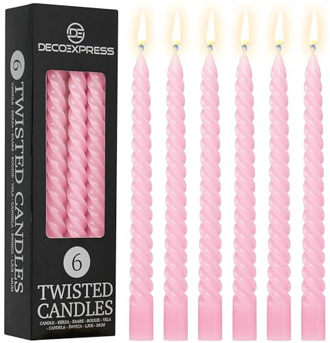 DECO EXPRESS Stabkerzen Set 3er oder 6er, Gedrehte Spiralkerzen, Bunte Kerzen, Brenndauer 6 Stunden Unparfümiert (Babyrosa – 6er-Pack)