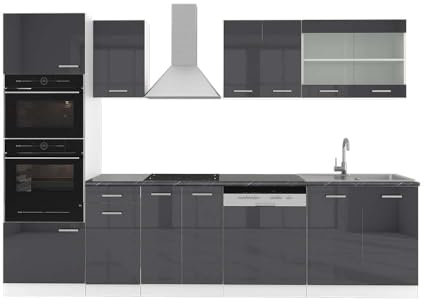 Vicco Küchenzeile R-Line, Anthrazit Hochglanz/Weiß, 300 cm mit Hochschrank, AP Anthrazit