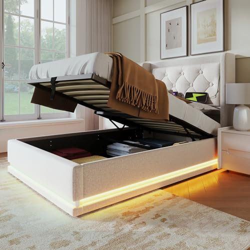 Kayan Polsterbett Stauraumbett Hydraulisches Bettgestell Einzelbett 90x200cm, Bett mit LED Beleuchtung, Gepolstertes Kopfteil mit USB Typ-C Ladefunktion, Ohne Matratze (Beige, 90x200cm)