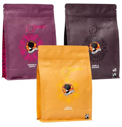 AFRO COFFEE Kaffeepulver Probierset mit 3 Sorten I 3x 250g Premium Kaffee gemahlen Fairtrade I Arabica & Robusta gemahlener Kaffee I Kaffee Pulver aus Ostafrika I handgepflückt & säurearm