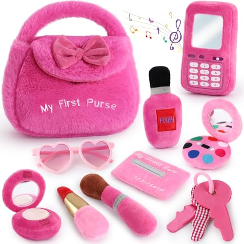 Geschenk Mädchen 2 3 4 5 Jahre | Rollenspiel Kinder Plüsch Handtasche Set | Handy mit Sound Schminkset Brille Schlüssel | Mädchen Spielzeug Plüsch Geschenkideen Kinder 2 3 4 5 Jahre (Rosa)