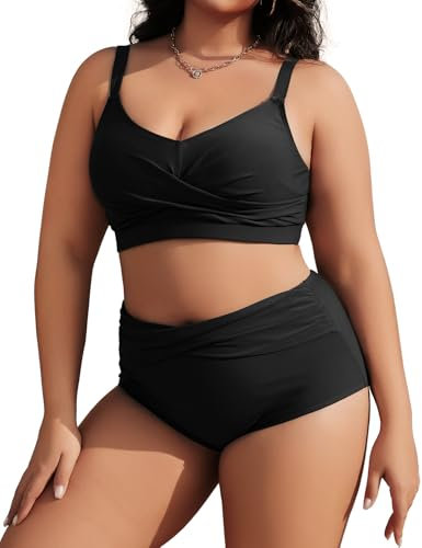 Tuopuda Badeanzug Damen Bauchweg Große Brüste für Mollige, Bikini-Oberteil mit Bikinihose High Waist Sport-Schwimmanzug Sexy Swimsuit Women Badebekleidung, Schwarz, 3XL