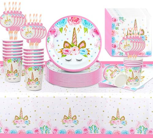 Vaisselle de Fête Assiette Licorne, 65 Pièces Ensemble Vaisselle de Fête Licorne, Décorations Anniversaires Licorne, Vaisselle Licorne pour Enfants Anniversaire Party Baby Shower (16 Invités)