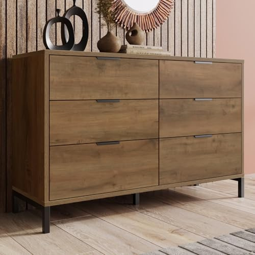 KOMHTOM Kommode mit 6 Schubladen, Aufbewahrungsmöbel, Anrichte, Kommode, Schlafzimmer, mit schwarzem Griff, Industriestil (dunkle Eiche B)