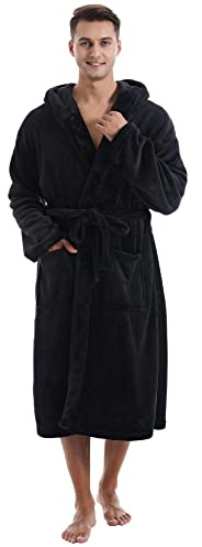 Yoimira Mens Dressing Gown with Hood, Long Warm Fleece Robe for Winter | Luxury bathrobe in soft fleece with a long hooded design for cosy winter lounging at home. A practical gift for him