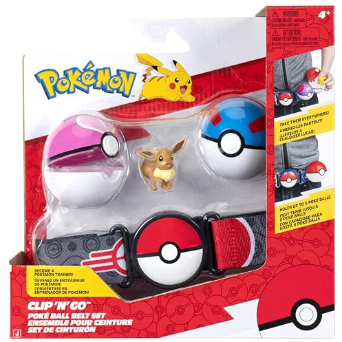 Pokémon PKW4167 - Evoli Clip ‘N’ Go Gürtel-Set - Evoli Battle Figur mit Superball, Sympaball und Gürtel, offizielles Set