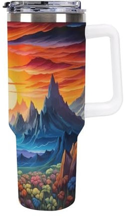 Vaso térmico de acero inoxidable de 40 oz con asa y tapa con pajita, reutilizable, ideal para café, agua y té.