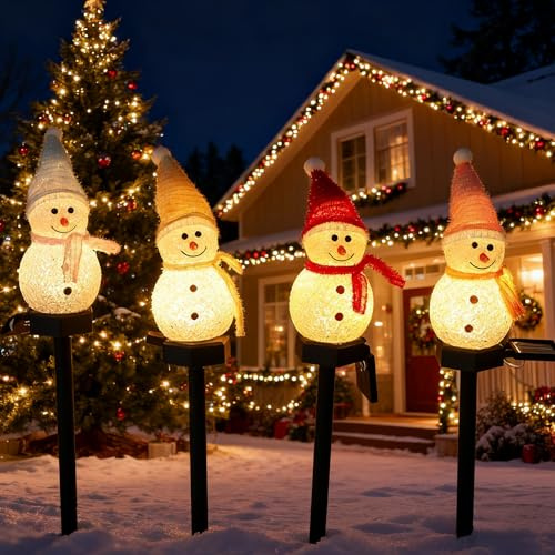 TECKZOON 4 Stück Solar Schneemannlichter für Draußen, Wetterfeste LED Solar Außenleuchten für den Garten mit Schneemann Lichtern für Wege, Höfe, Terrassen und Gartendekoration