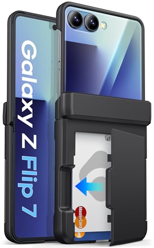 SIXBOX for Samsung Galaxy Z Flip 7 Case Wallet with Card Holder (3 Cards) & Hinge Protection & Outer Screen Protector, Shockproof Rugged Cover Phone Case for Samsung Galaxy Z Flip 7 5G 2025, Black