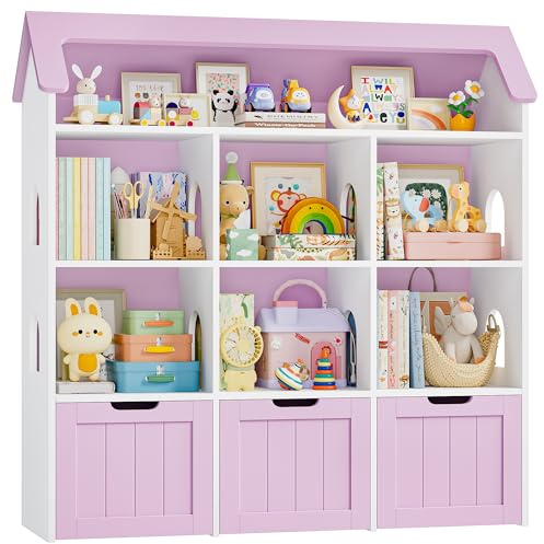 FOREHILL Kids Toy Storage Unit Kids Bookshelf House-shaped Toy Organiser Childrens Bookcase, 7 Open Compartments, 3 Drawers with Wheels for Nursery Playroom White+Light Purple 120x33x117.5cm