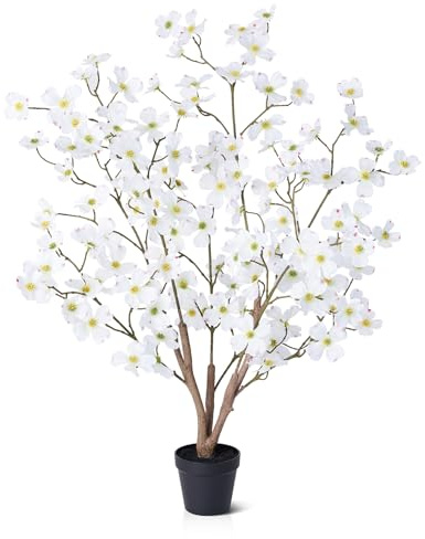 VeriNatural Artificial Dogwood 90 cm, 1 Pack | Tall Fake Plants with 128 Silk Flowers in Plastic Pot for Home Living Room Garden Office House Decor VN230