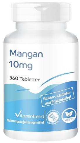 Vitamintrend Mangan 10mg, 360 tabletter, lätt att svälja, 10mg per tablett, högdoserad, veganskt kosttillskott utan magnesiumstearat, tillverkad i Tyskland