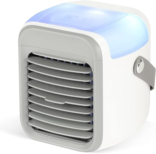 SHYOSUCCE Aire acondicionado portátil, 4 en 1, mini enfriador de aire, enfriador de aire USB silencioso con depósito de agua, asa portátil, 7 luces LED, 3 velocidades