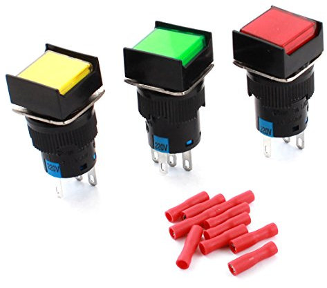 Aexit 3Pcs AC 220V Rosso Verde Giallo Indicatore Luminoso 5 Pin 16mm Montaggio a Pannello SPDT Blocco Interruttore a Pulsante Quadrato + 10 pz Connettori a Crimpare ID: 940860