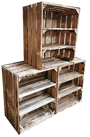 Teramico Holzkiste 50 x 40 x 30cm - Vintage-Look geflammt - Weinkiste Obstkiste Set Dekoration (3er Set, 2 x Ablage Kurz)