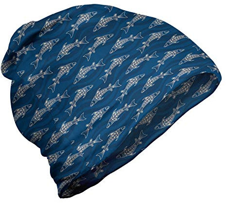 ABAKUHAUS Tiere Unisex Beanie, Nautische Motive mit Fisch, Wandern im Freien, Dunkelblau und Eierschale