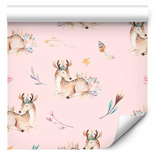 murando - Tapete selbstklebend 10m Wandtattoo dekorative Möbelfolie Dekorfolie Fotofolie Panel Wandaufkleber Wandposter Wandsticker - Kinderzimmer Hirsch Hirschkalb Blumen g-B-0151-j-a