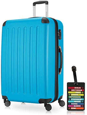 Hauptstadtkoffer - Spree - Hartschalenkoffer Rollkoffer + Kofferanhänger, erweiterbarer Reisekoffer, 4 Rollen, TSA, 75 cm, 119 Liter, Cyanblau