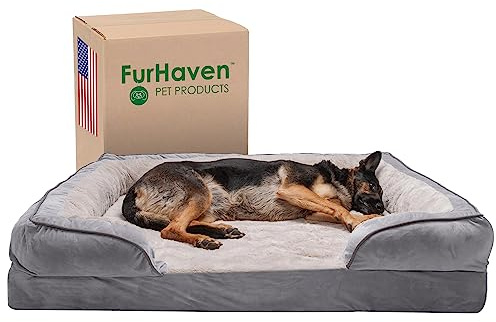 Furhaven XXL Memory Foam Dog Bed Perfect Comfort Plush & Velvet Waves Sofa-Style w/Removable Washable Cover - Granite Gray, Jumbo Plus (XX-Large)