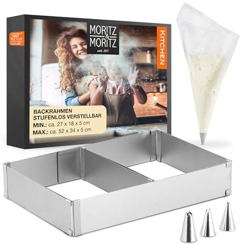 Moritz & Moritz Backrahmen Rechteckig Verstellbar 5cm hoch - Backring eckig stufenlos verstellbar von 27x18 bis 51x33cm - Backform Rechteckig zum Backen - Mit 10 Spritzbeuteln und 3 Aufsätzen