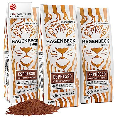 Hagenbeck Espresso 3x250g (750g) | Gemahlener Kaffee aus traditioneller Röstung | Kräftig-würziger Geschmack mit sanft-schokoladiger Note | Kaffeebohnen gemahlen | Ideal für Kaffee-Vollautomaten